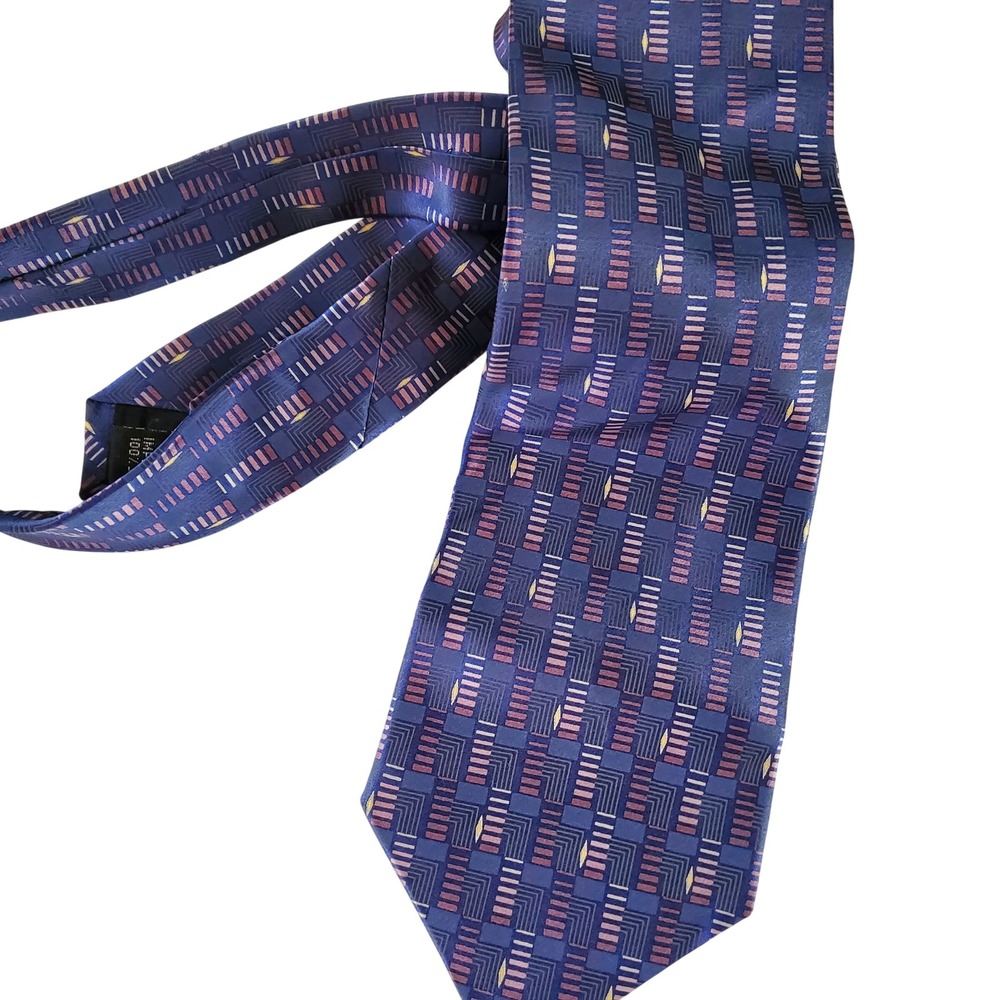 Barrington Mens Silk Tie‎ Blue Burgundy Geometric Pattern Wide Classic Necktie